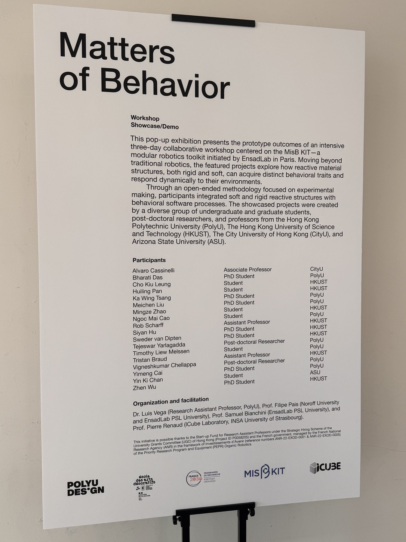 Matters of Behavior workshop and showcase poster listing participants and facilitators